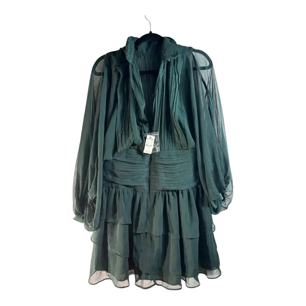 Express Dark Green Long-Sleeve Tiered Midi Dress - Picture 7 of 8